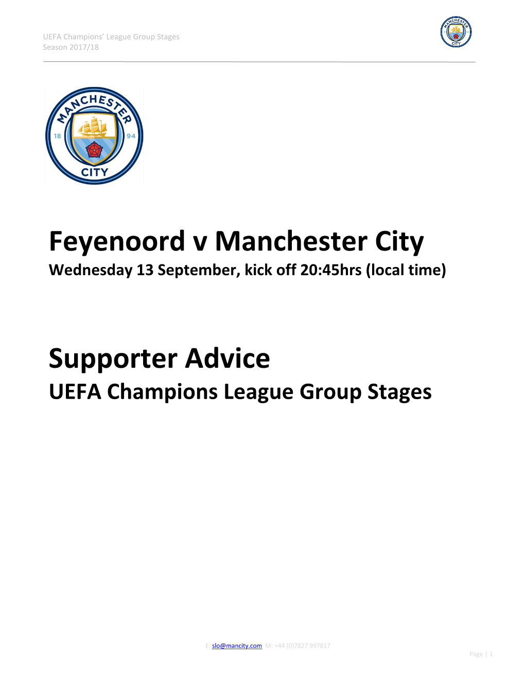 Feyenoord V Manchester City Supporter Advice