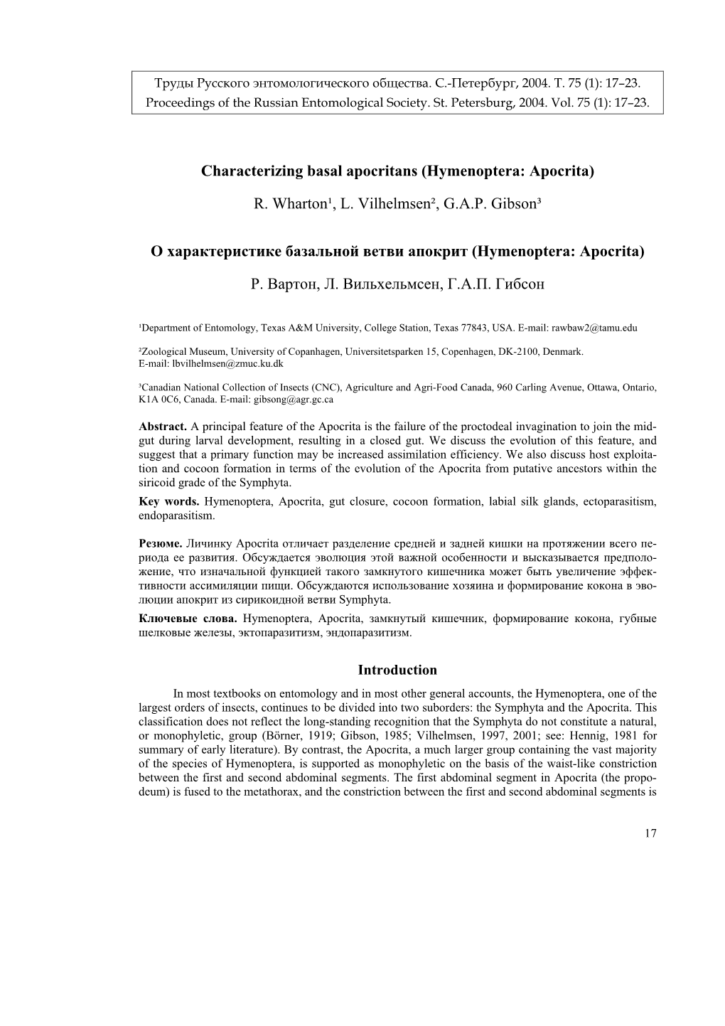 Characterizing Basal Apocritans (Hymenoptera: Apocrita) R