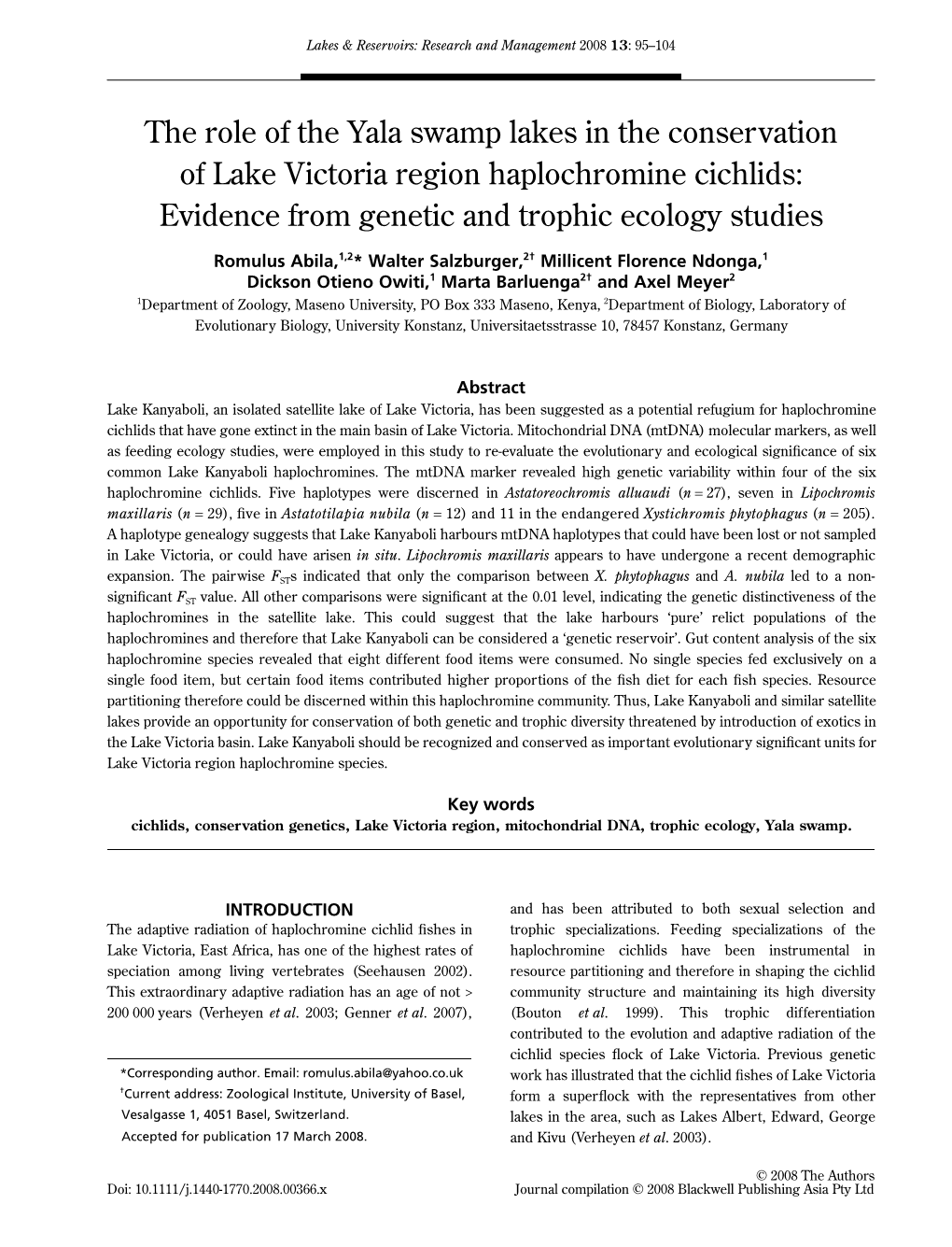The Role of the Yala Swamp Lakes in the Conservation Of