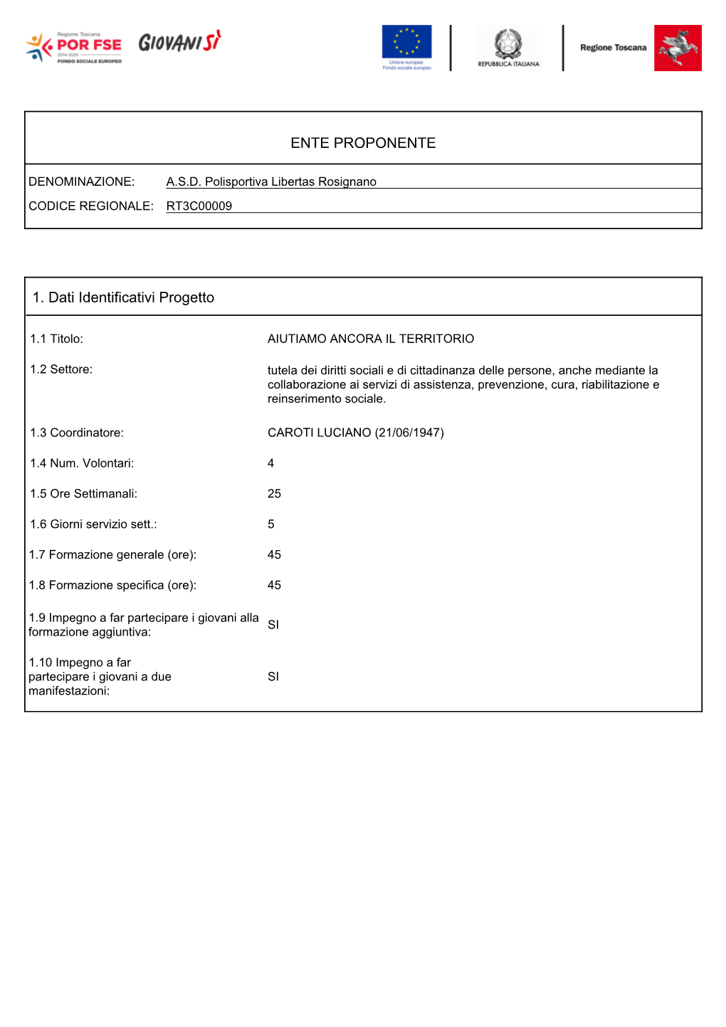 ENTE PROPONENTE 1. Dati Identificativi Progetto