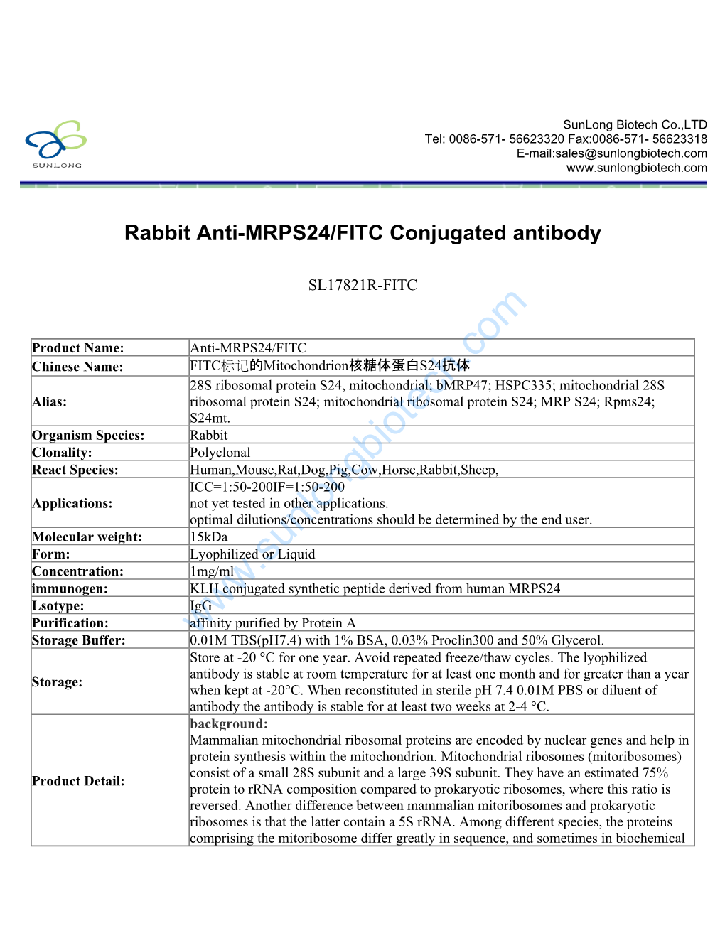 Rabbit Anti-MRPS24/FITC Conjugated Antibody-SL17821R-FITC