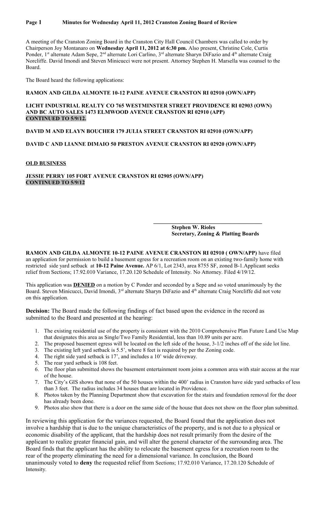 Page 1Minutes for Wednesday April 11, 2012Cranston Zoning Board of Review