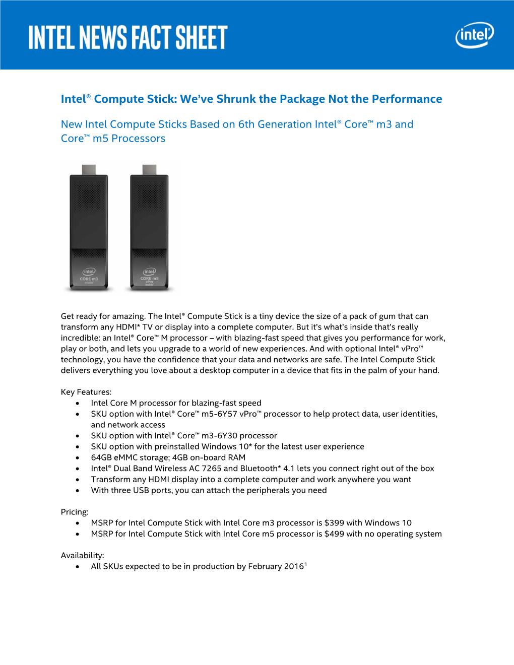 Intel® Compute Stick Fact Sheet