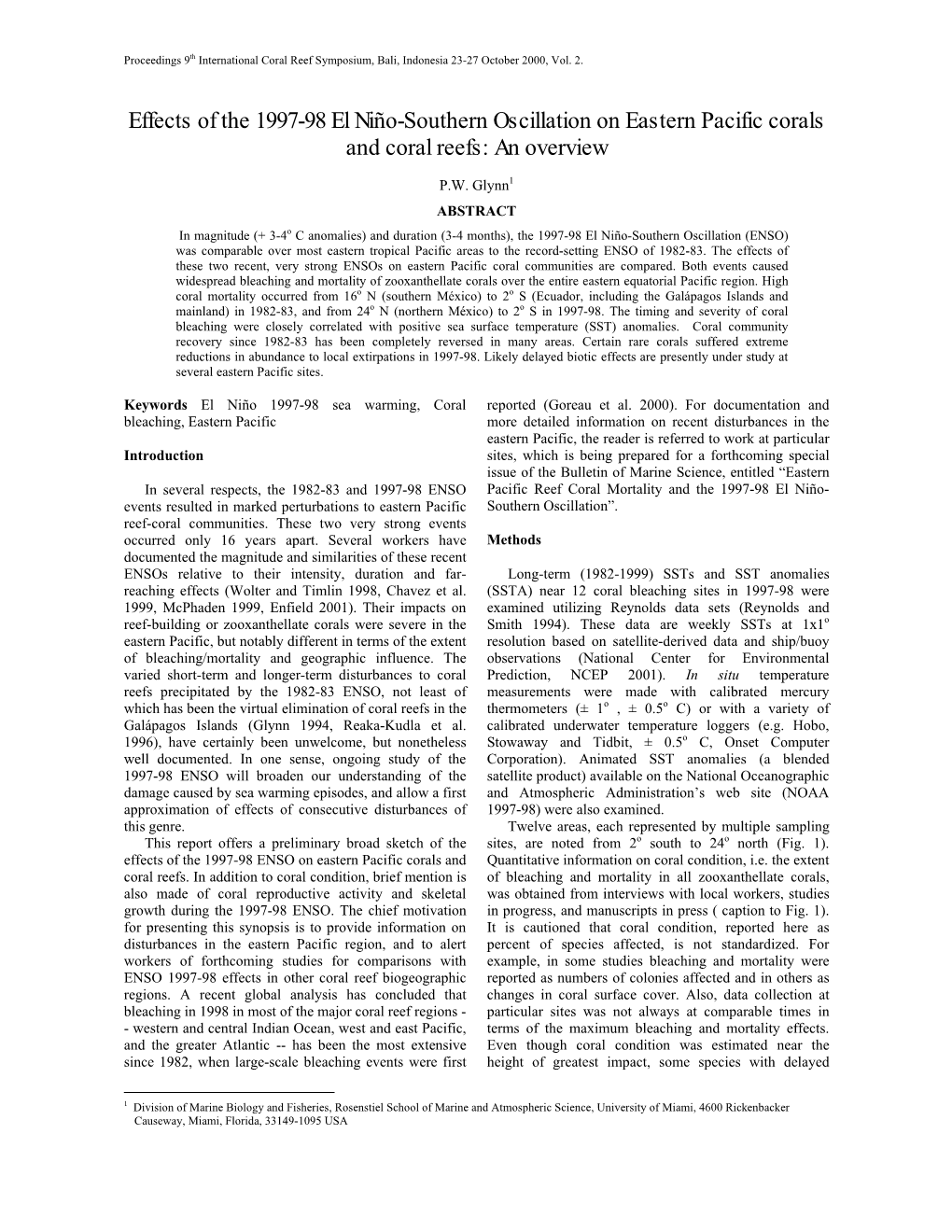 Effects of the 1997-98 El Niño-Southern Oscillation on Eastern Pacific Corals and Coral Reefs: an Overview