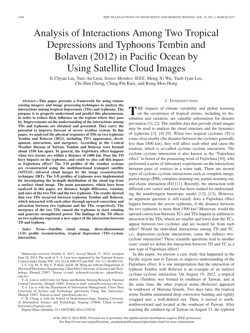 Analysis of Interactions Among Two Tropical Depressions and Typhoons Tembin and Bolaven (2012) in Pacific Ocean by Using Satelli