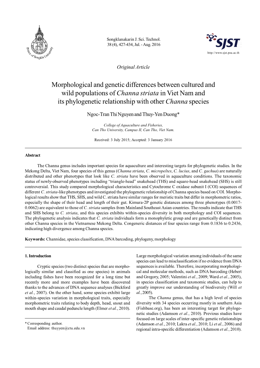 Channa Striata in Viet Nam and Its Phylogenetic Relationship with Other Channa Species