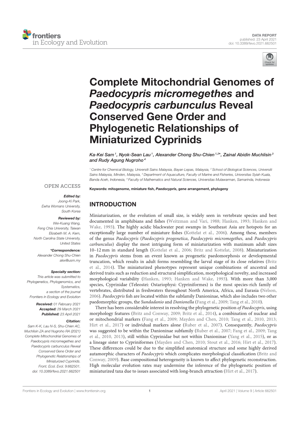 Complete Mitochondrial Genomes of Paedocypris Micromegethes and Paedocypris Carbunculus Reveal Conserved Gene Order and Phylogen