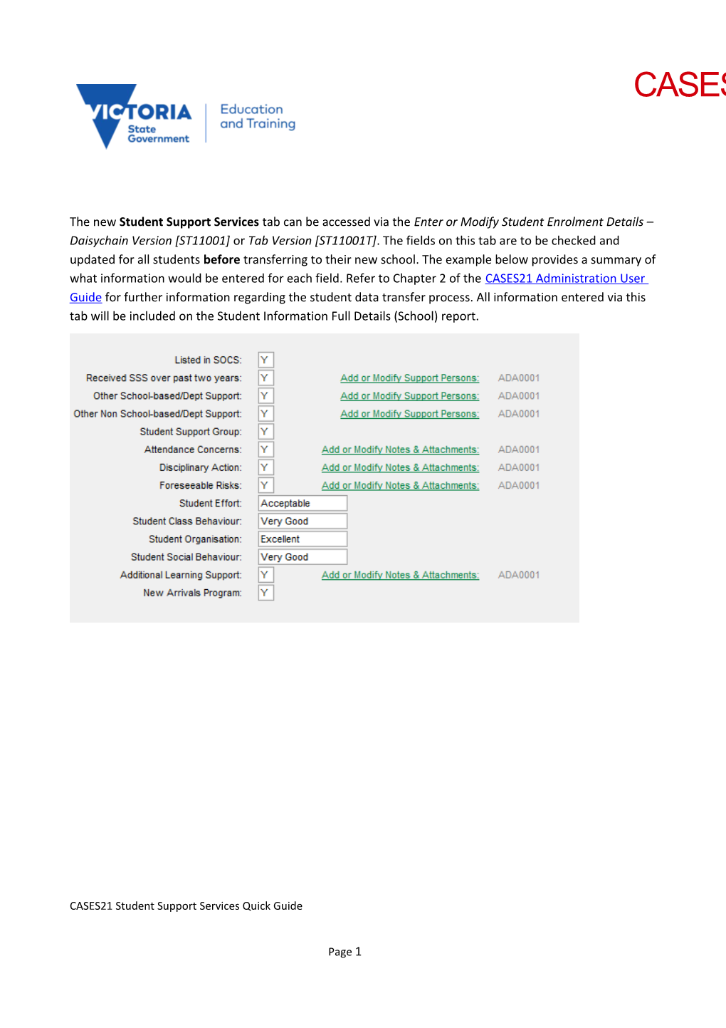 CASES21 Student Support Services Tab