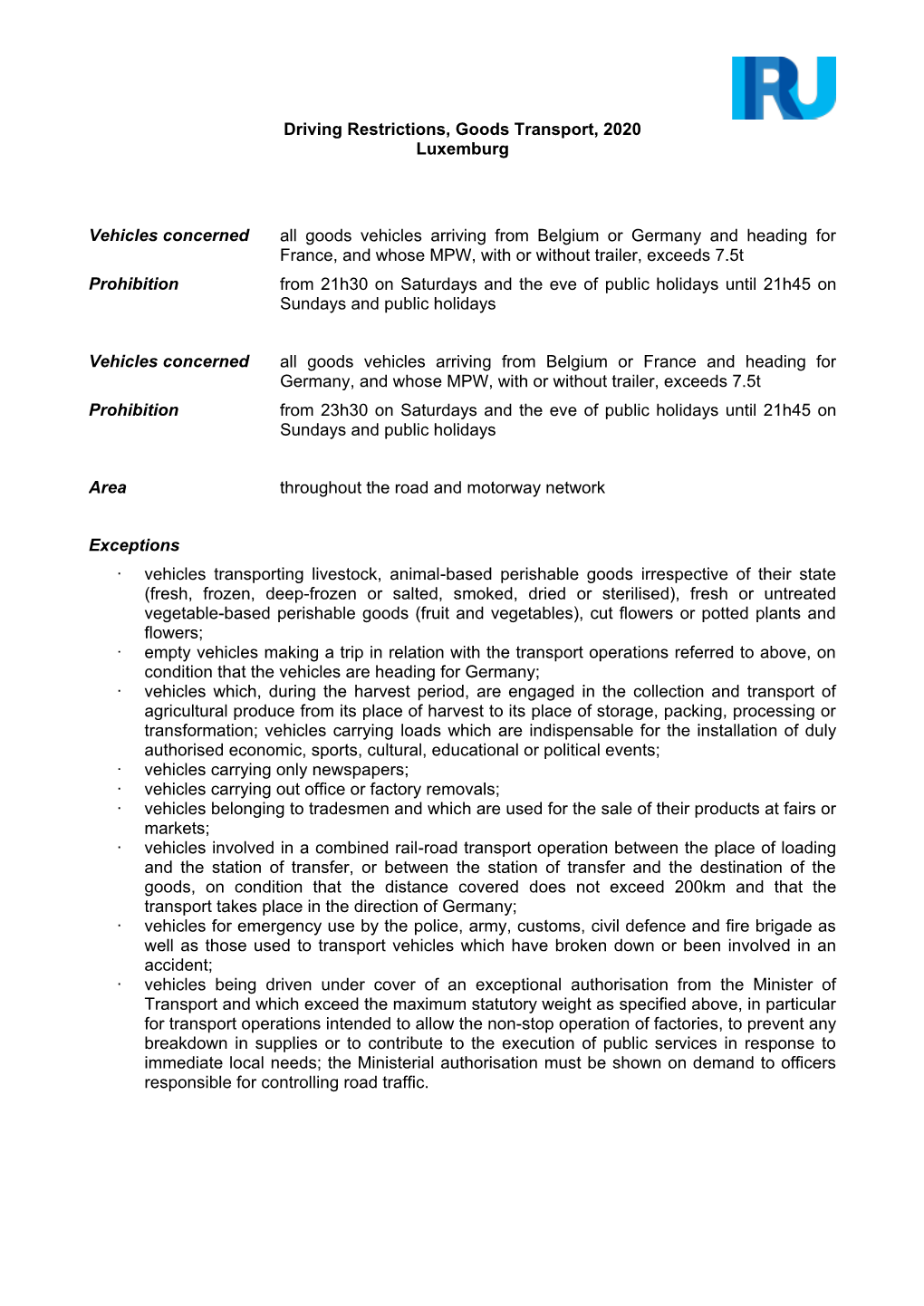 Driving Restrictions, Goods Transport, 2020 Luxemburg Vehicles