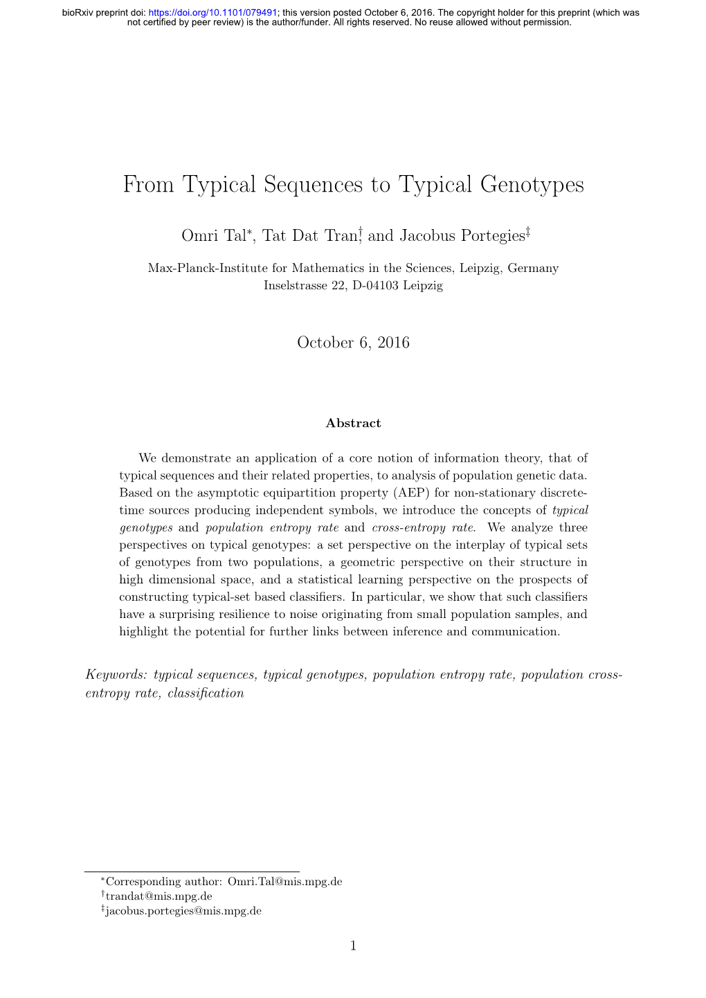 From Typical Sequences to Typical Genotypes