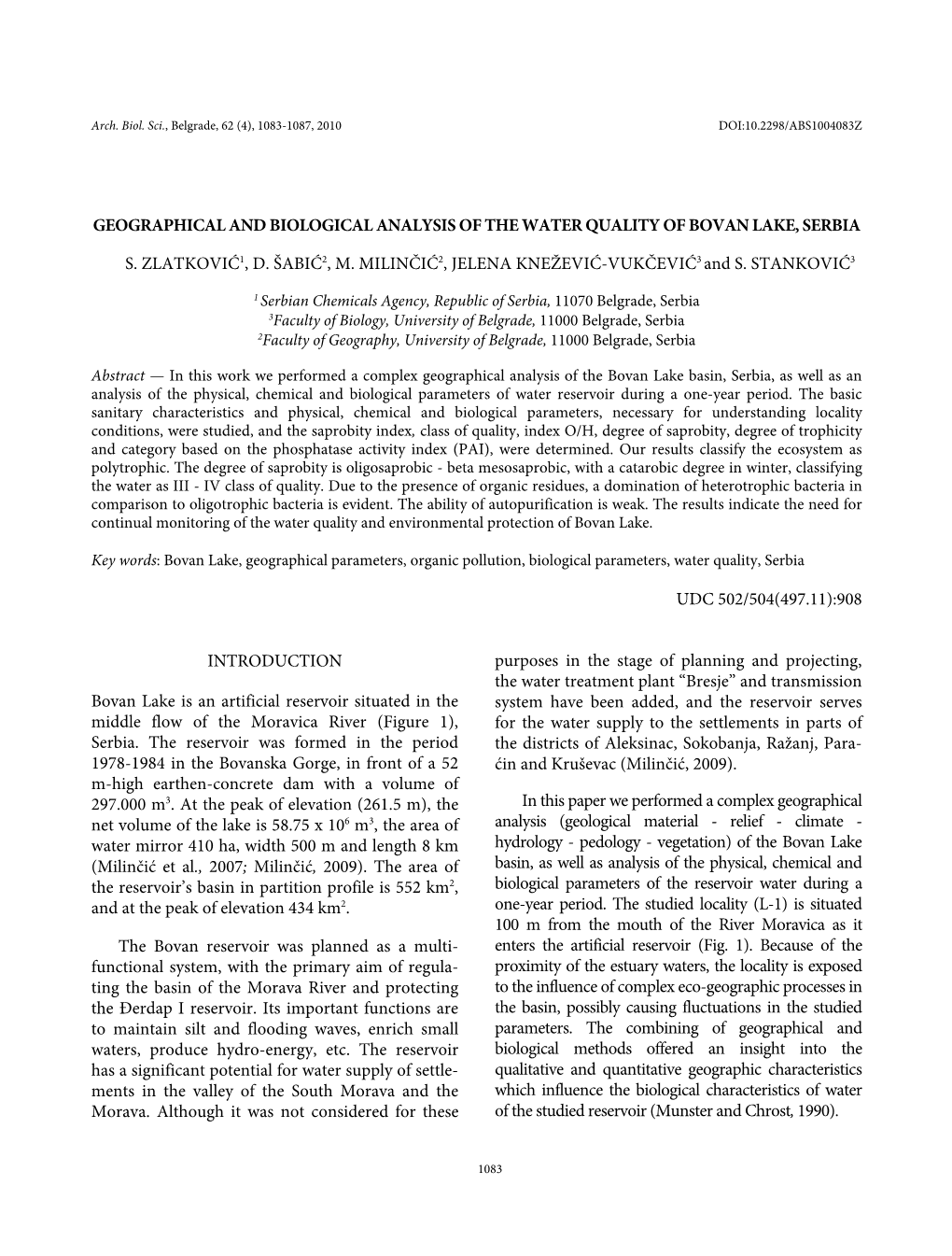 Geographical and Biological Analysis of the Water Quality of Bovan Lake, Serbia