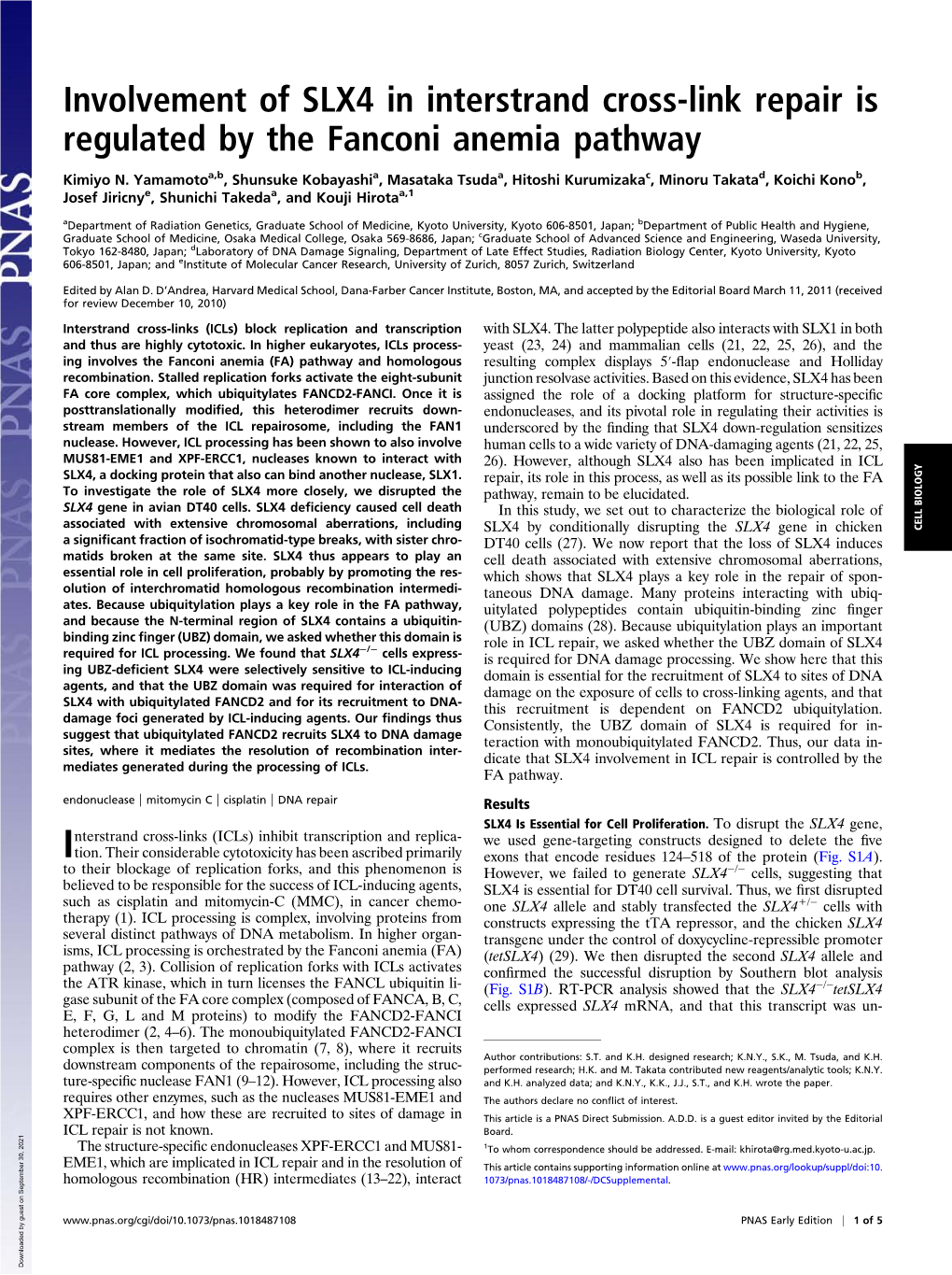 Involvement of SLX4 in Interstrand Cross-Link Repair Is Regulated by the Fanconi Anemia Pathway