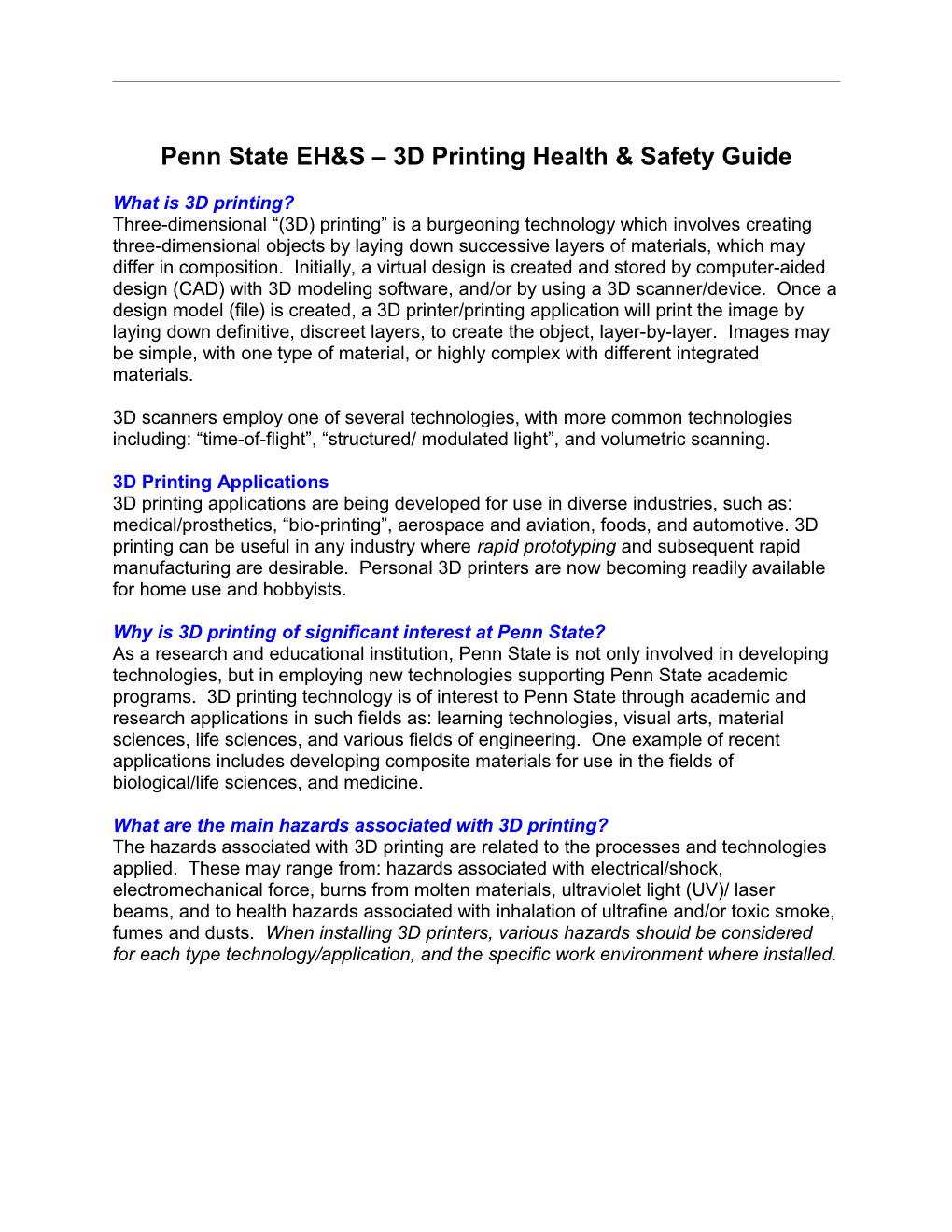 Penn State EHS 3D Printing Health & Safety Guide