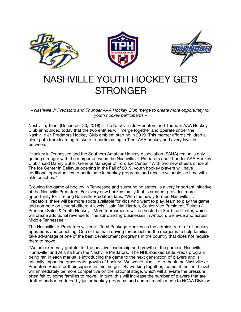 Youth Hockey Merger Press Release