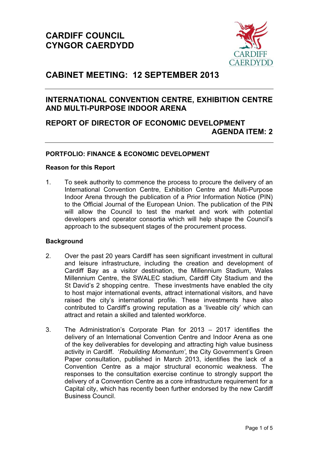 Cardiff Council Cyngor Caerdydd Cabinet Meeting: 12 September 2013