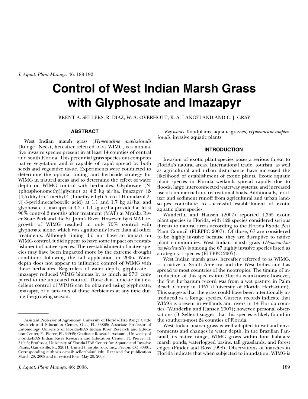 Control of West Indian Marsh Grass with Glyphosate and Imazapyr