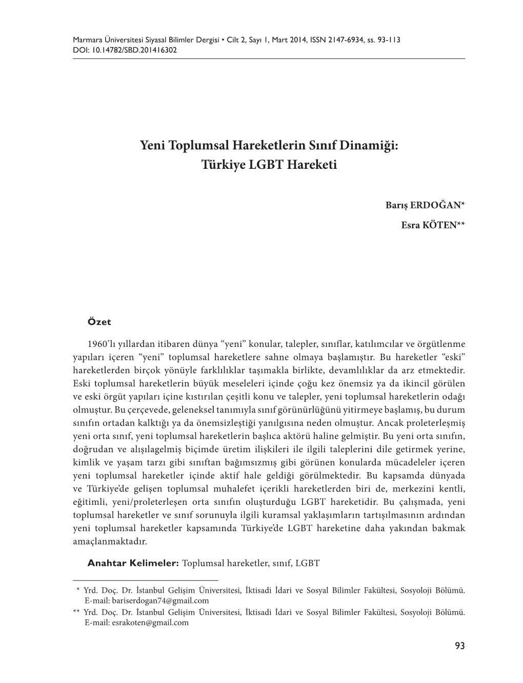 Yeni Toplumsal Hareketlerin Sınıf Dinamiği: Türkiye LGBT Hareketi