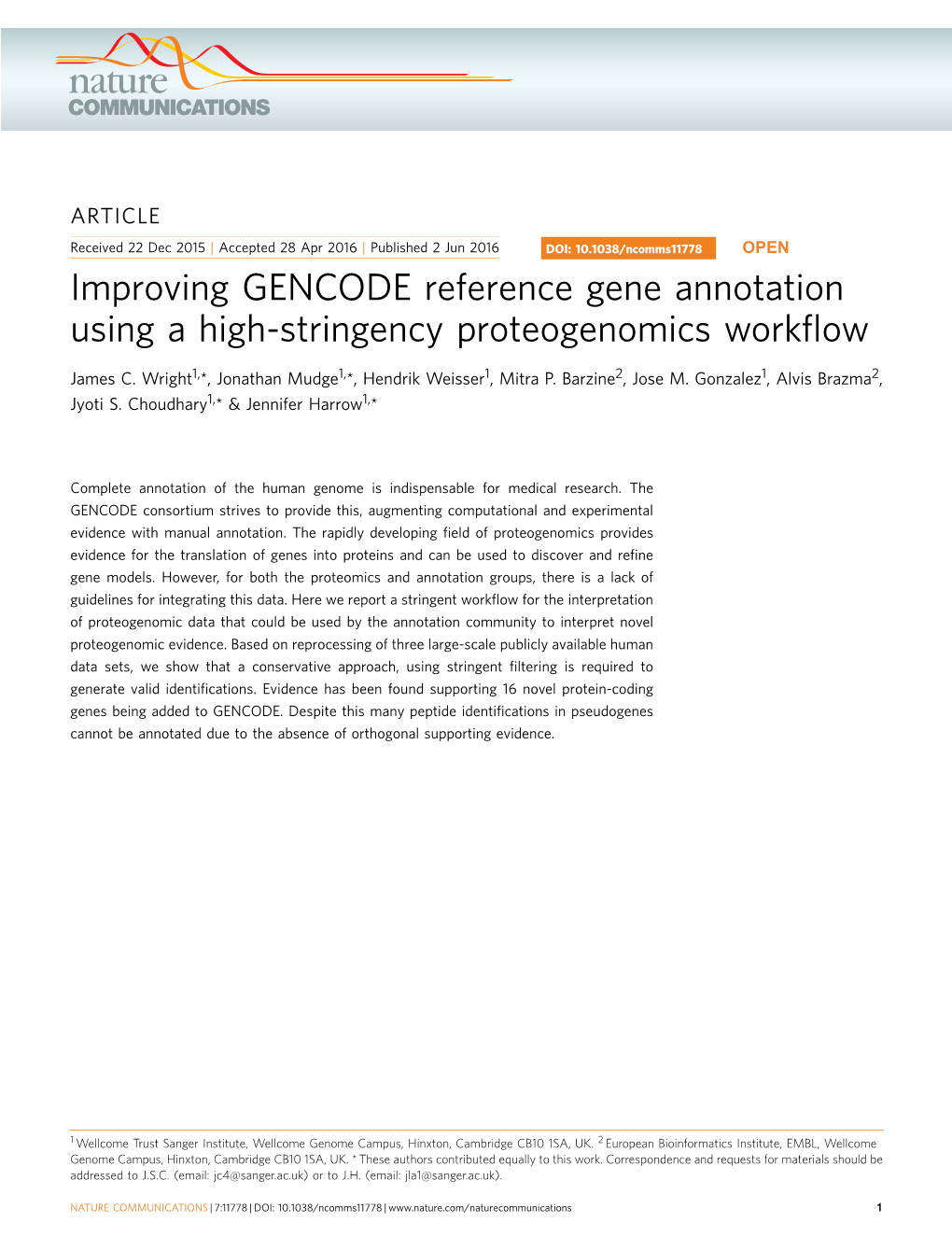 Improving GENCODE Reference Gene Annotation Using a High-Stringency Proteogenomics Workﬂow