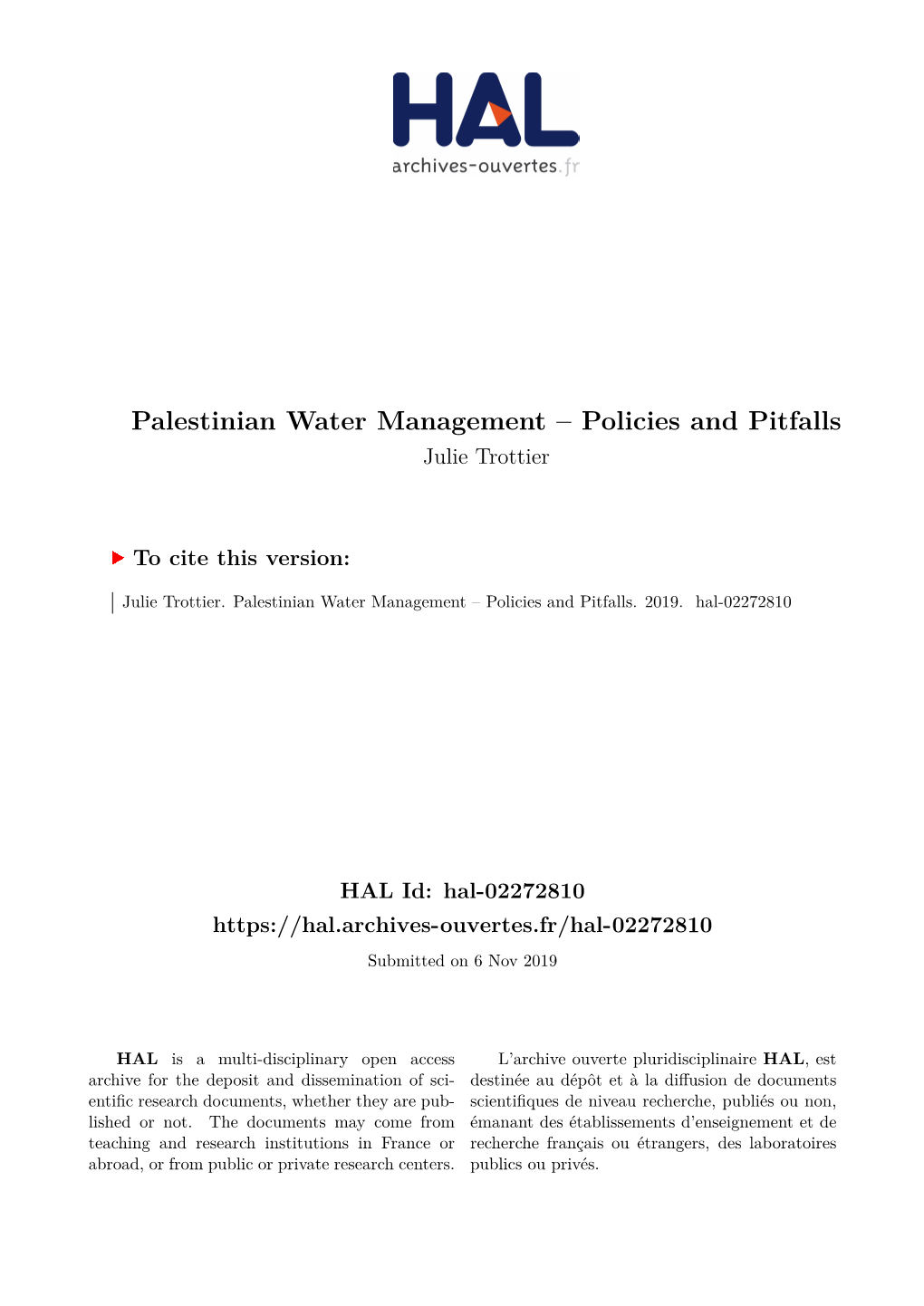 Palestinian Water Management – Policies and Pitfalls Julie Trottier
