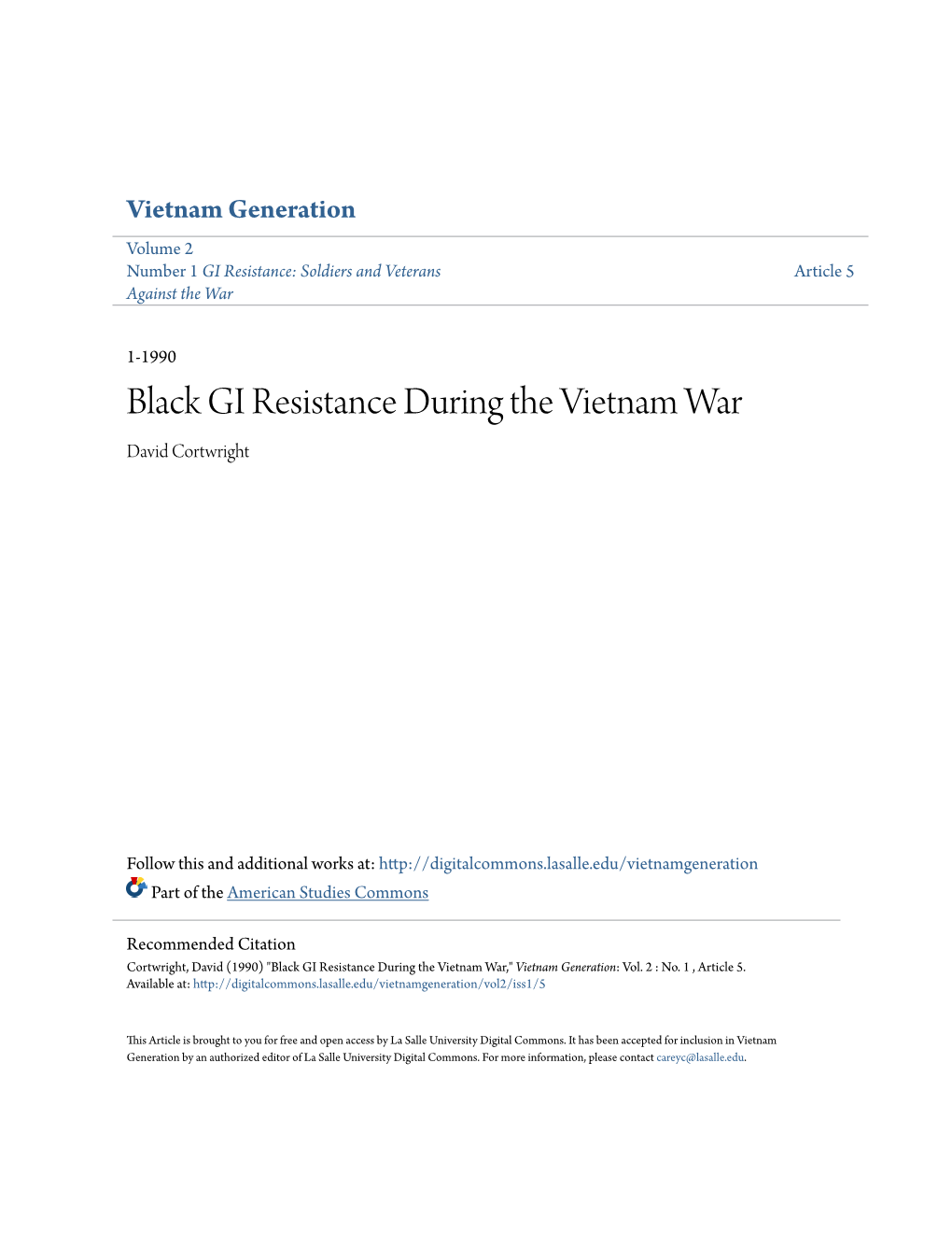Black GI Resistance During the Vietnam War David Cortwright