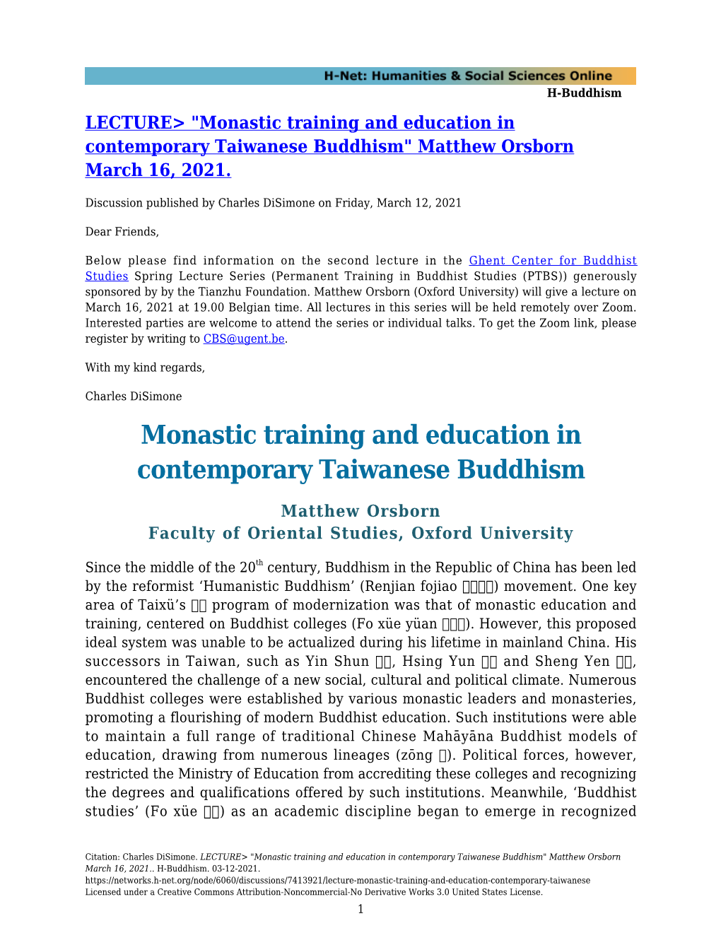 Monastic Training and Education in Contemporary Taiwanese Buddhism" Matthew Orsborn March 16, 2021