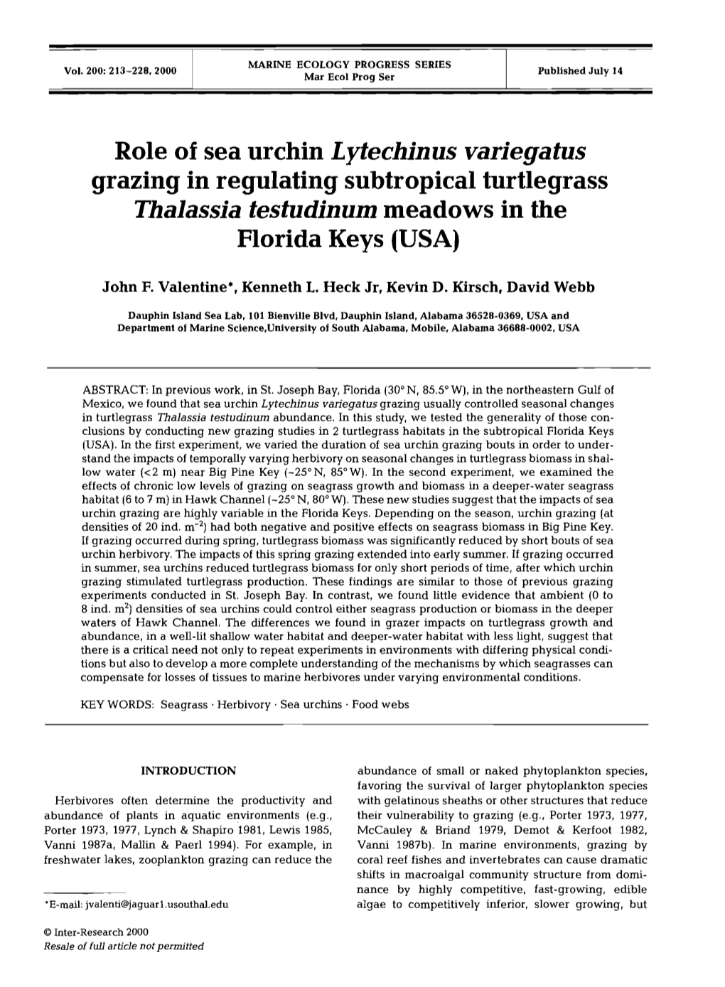 Role of Sea Urchin Lytechinus Variegatus Thalassia Testudinum