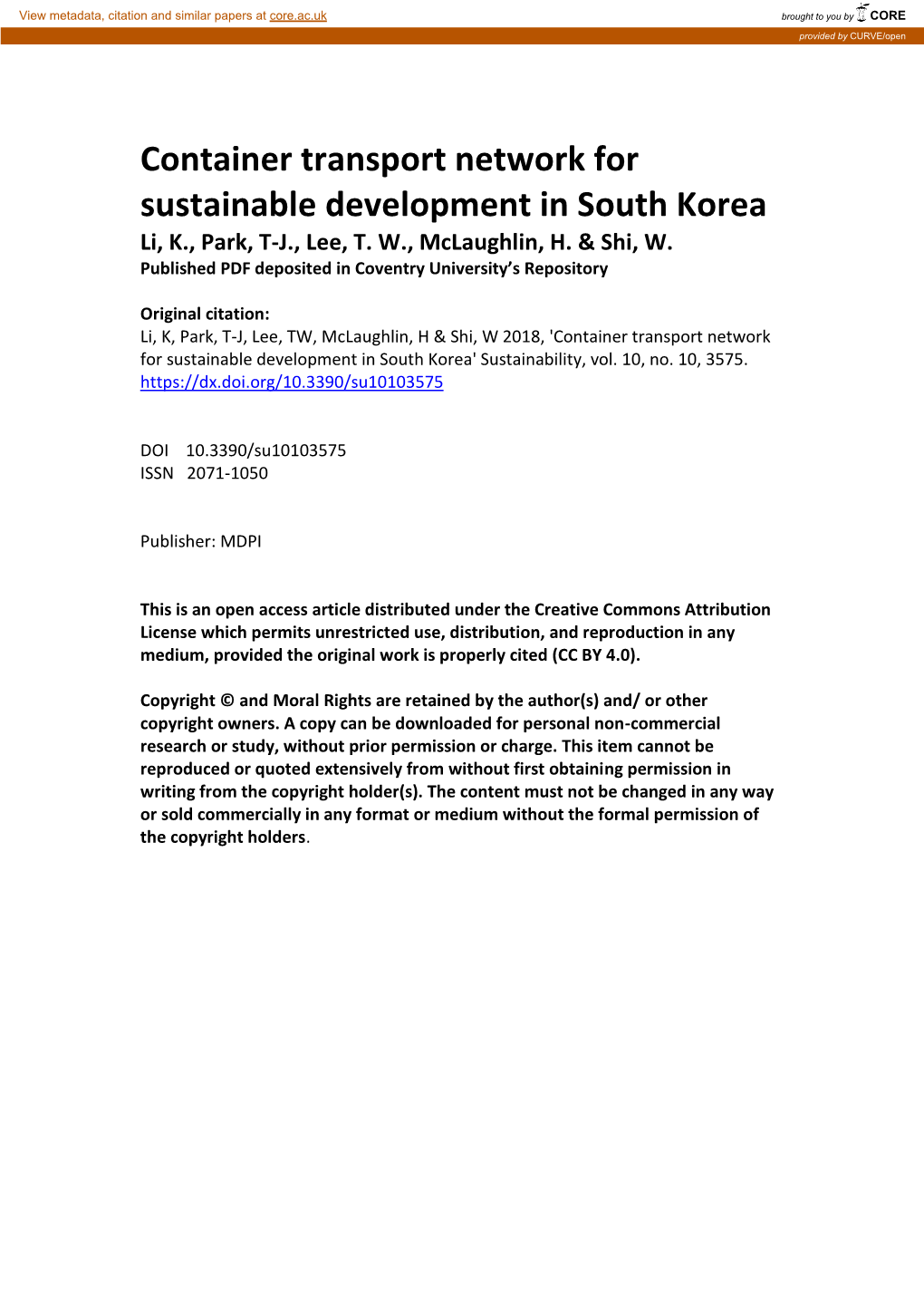 Container Transport Network for Sustainable Development in South Korea Li, K., Park, T-J., Lee, T