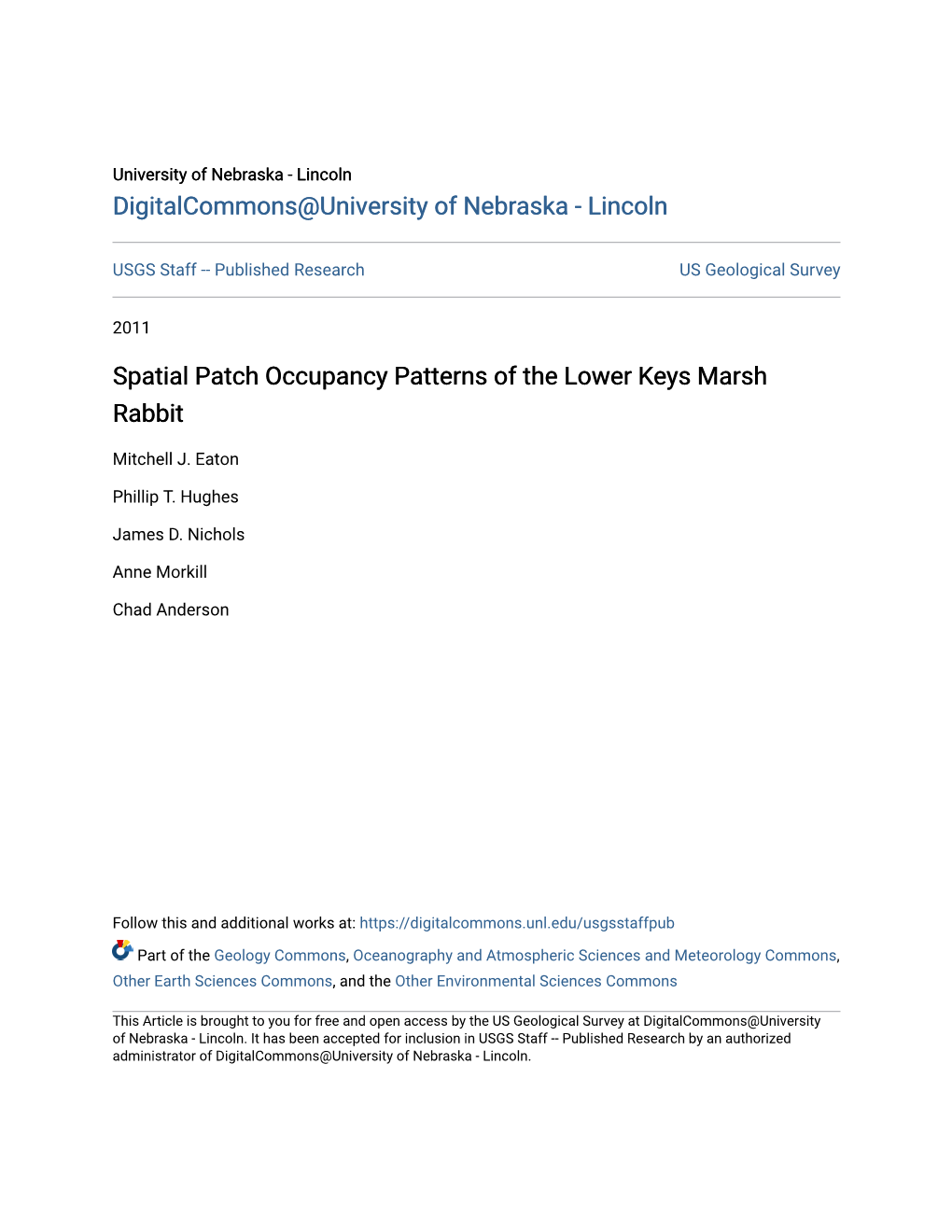 Spatial Patch Occupancy Patterns of the Lower Keys Marsh Rabbit