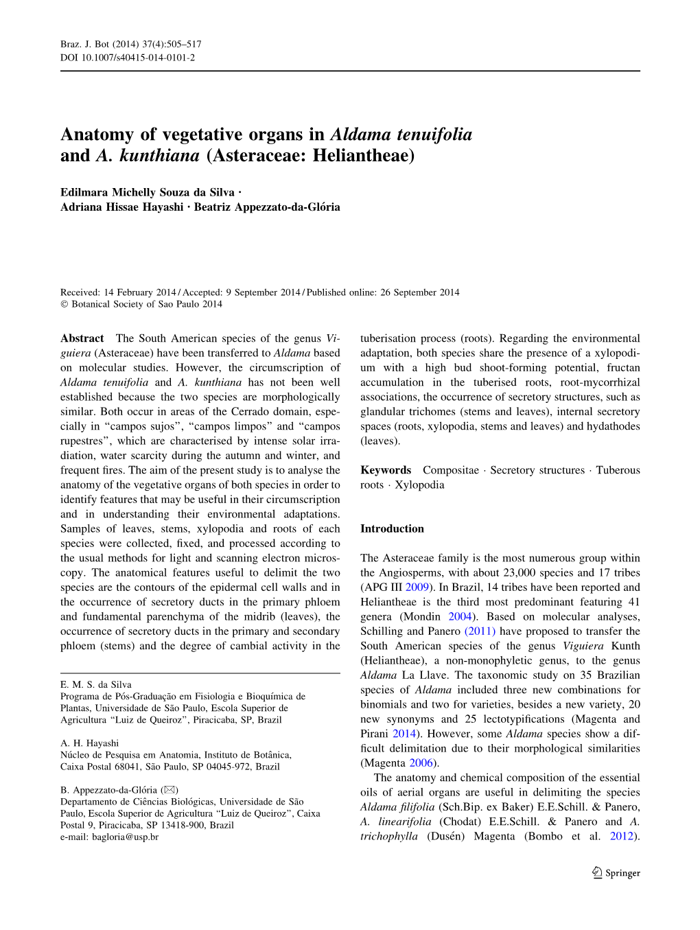 Anatomy of Vegetative Organs in Aldama Tenuifolia and A. Kunthiana (Asteraceae: Heliantheae)