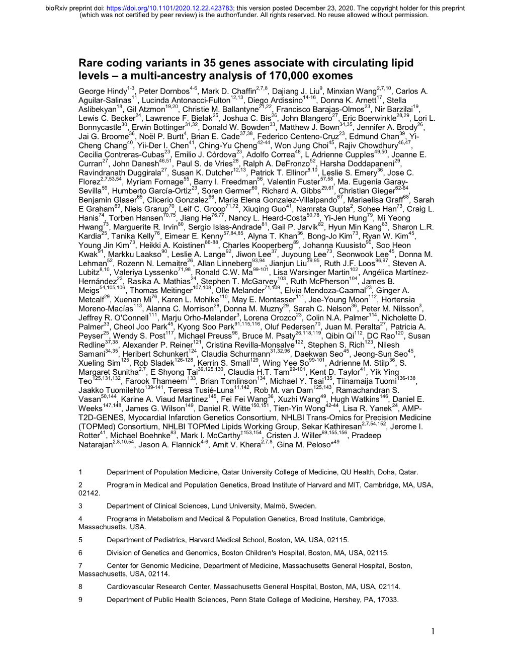 Rare Coding Variants in 35 Genes Associate with Circulating Lipid Levels – a Multi-Ancestry Analysis of 170,000 Exomes George Hindy1-3, Peter Dornbos4-6, Mark D