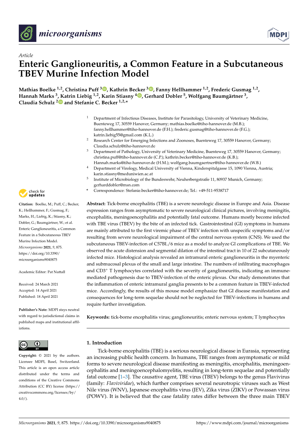 Enteric Ganglioneuritis, a Common Feature in a Subcutaneous TBEV Murine Infection Model