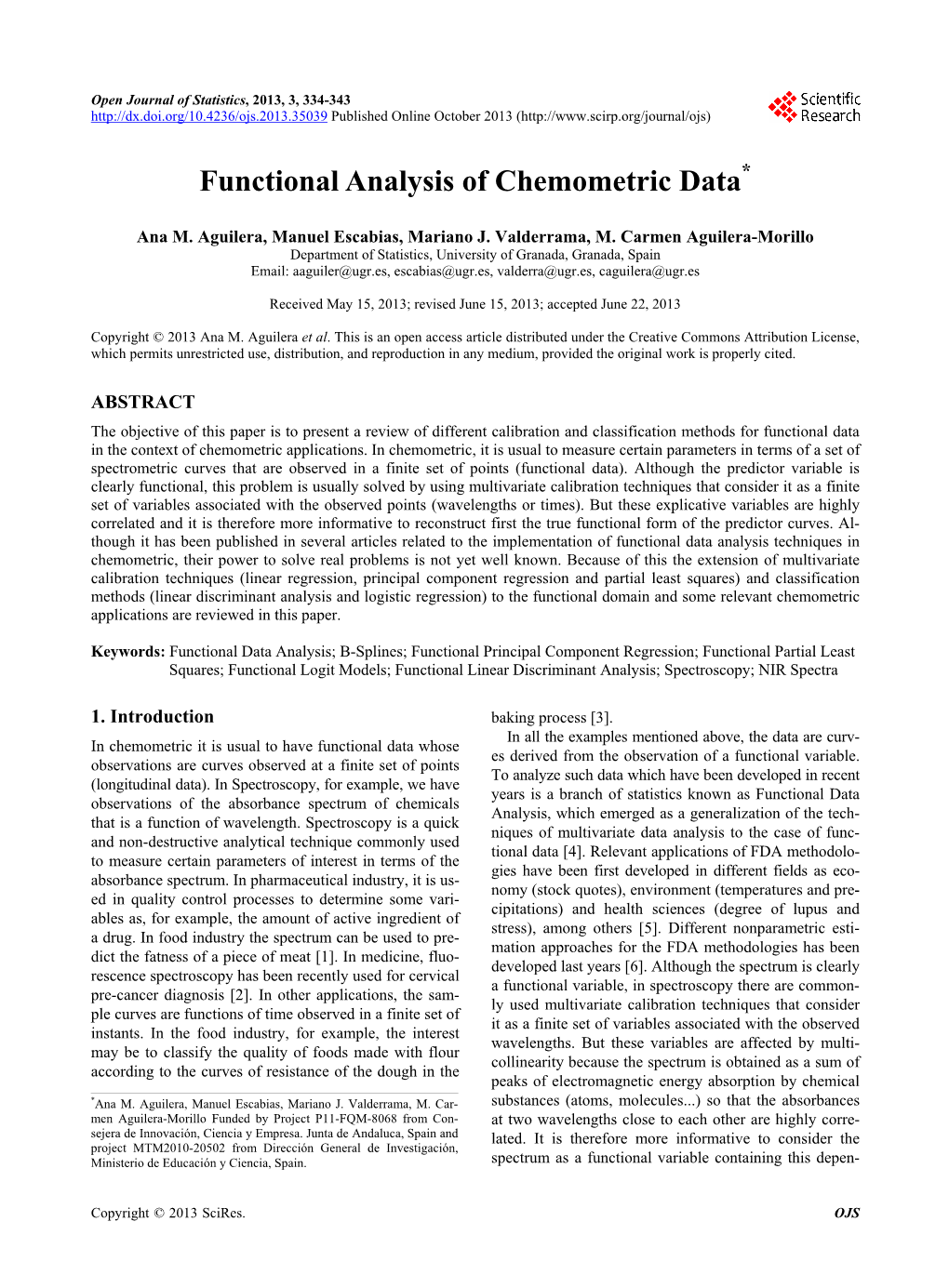 Functional Analysis of Chemometric Data*