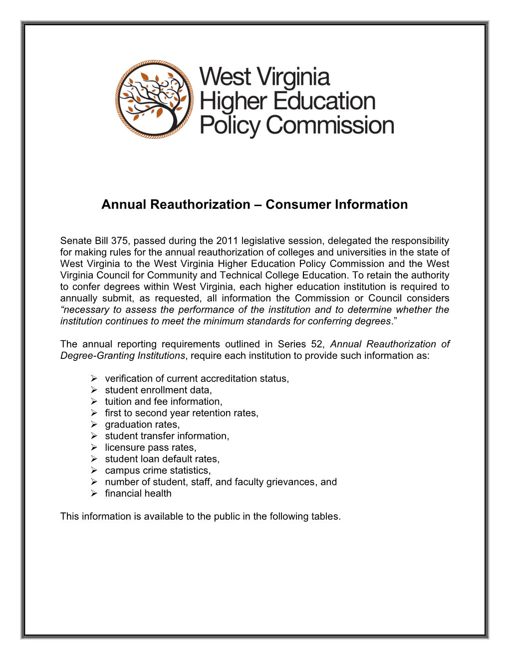 Annual Reauthorization – Consumer Information