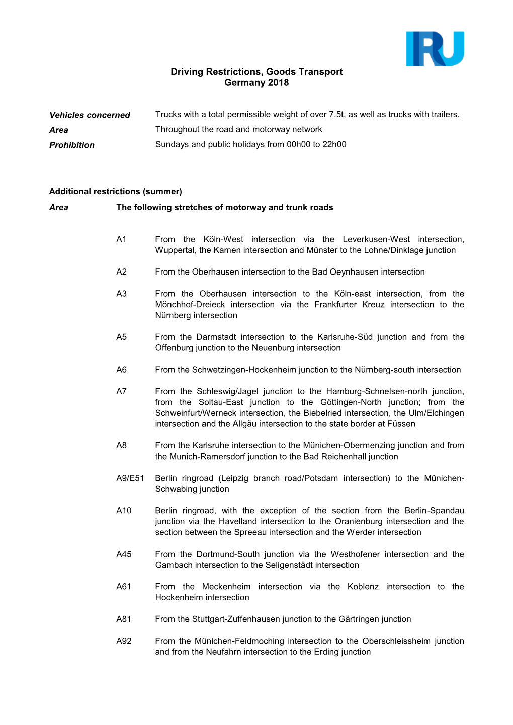 Driving Restrictions, Goods Transport Germany 2018