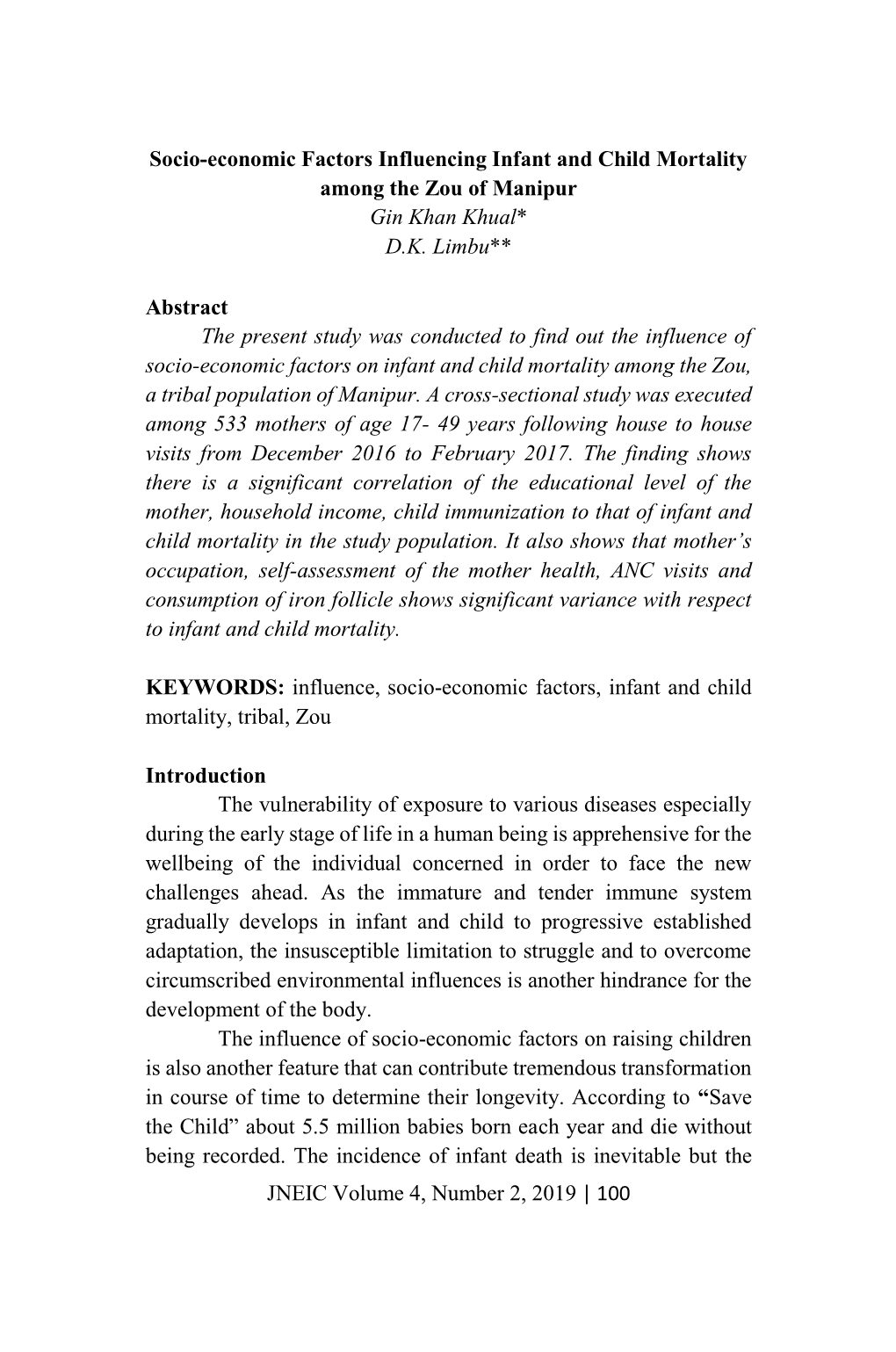 JNEIC Volume 4, Number 2, 2019 | 100 Socio-Economic Factors