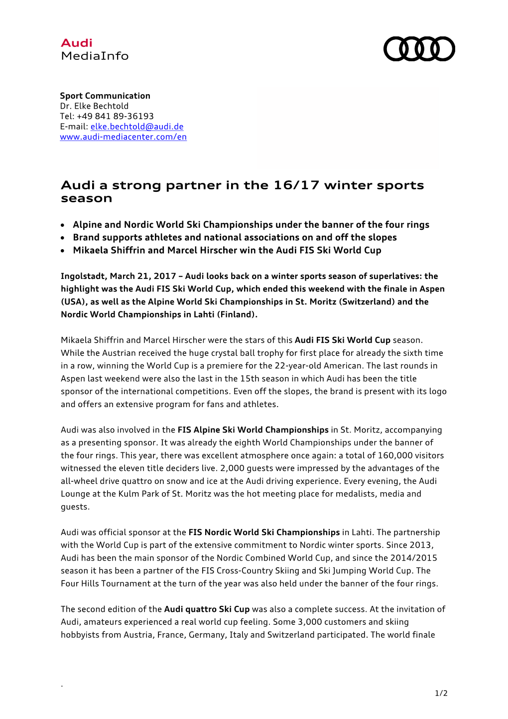 Audi a Strong Partner in the 16/17 Winter Sports Season