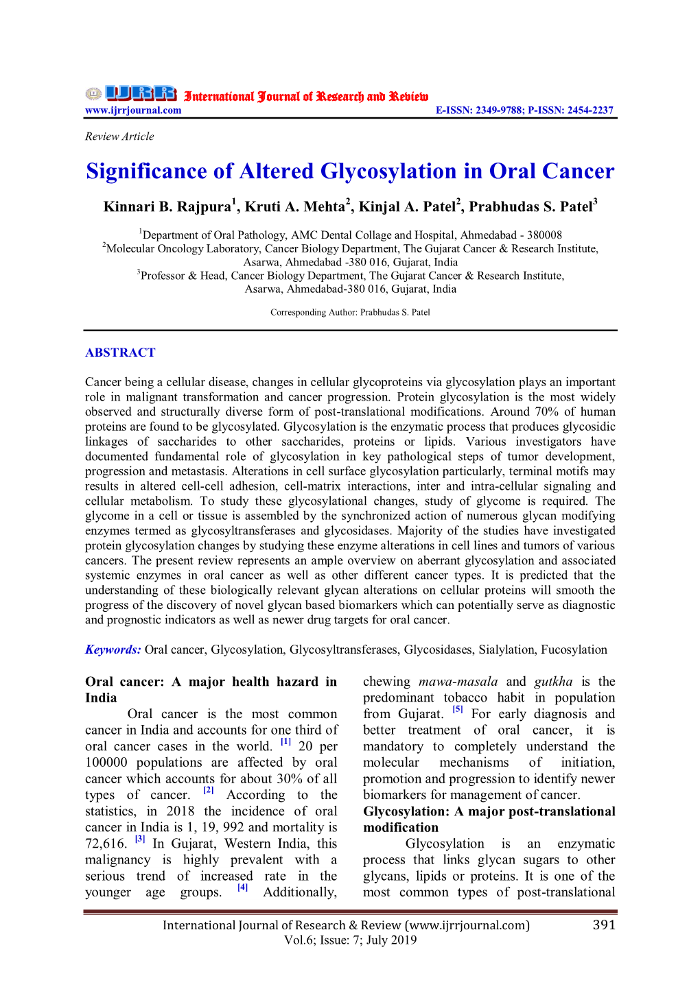 Significance of Altered Glycosylation in Oral Cancer