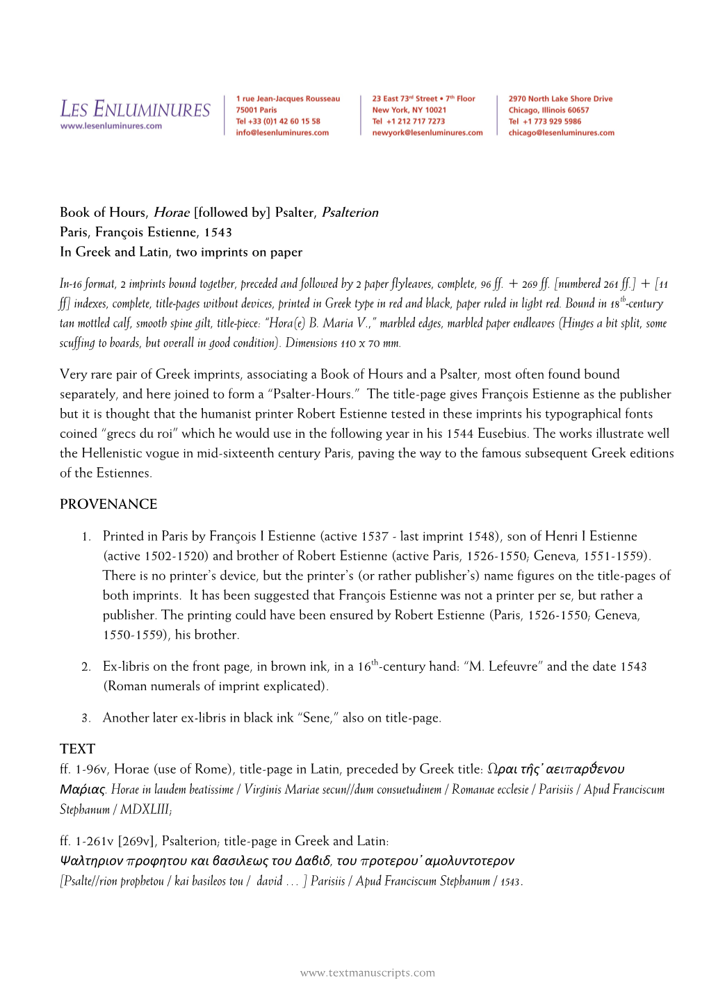 Psalter, Psalterion Paris, François Estienne, 1543 in Greek and Latin, Two Imprints on Paper
