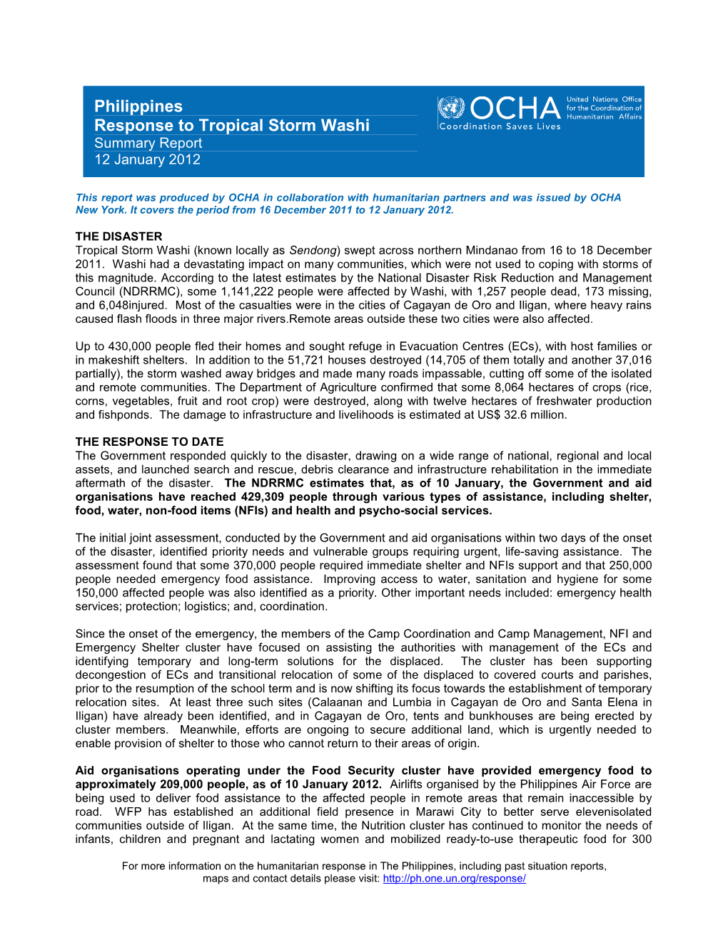 Philippines Response to Tropical Storm Washi Summary Report 12 January 2012