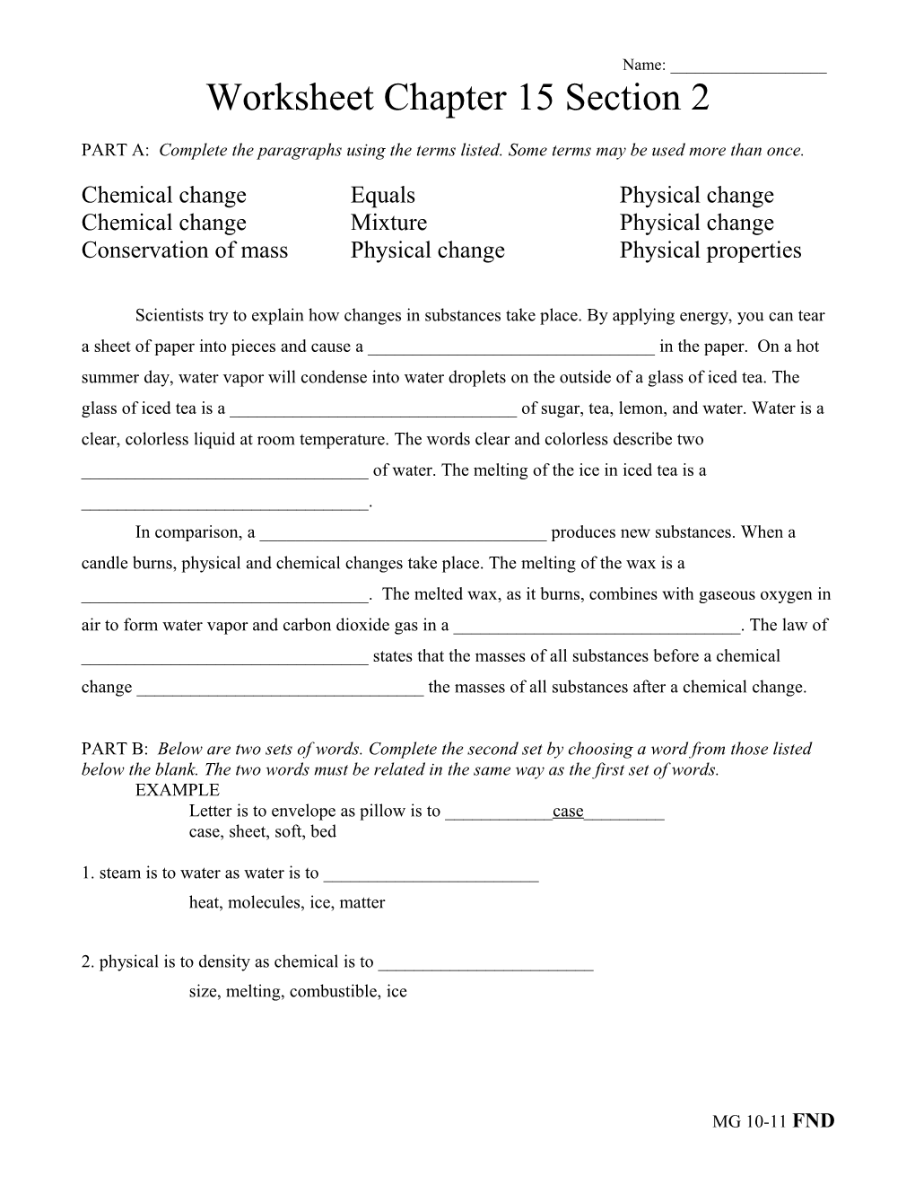 Worksheet Chapter 15 Section 2