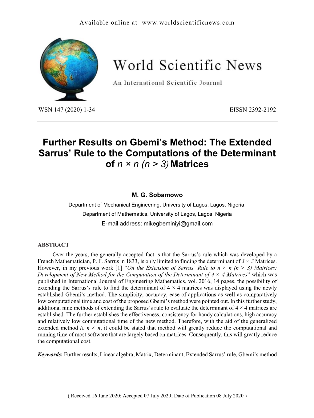 Further Results on Gbemi's Method: the Extended Sarrus' Rule to The