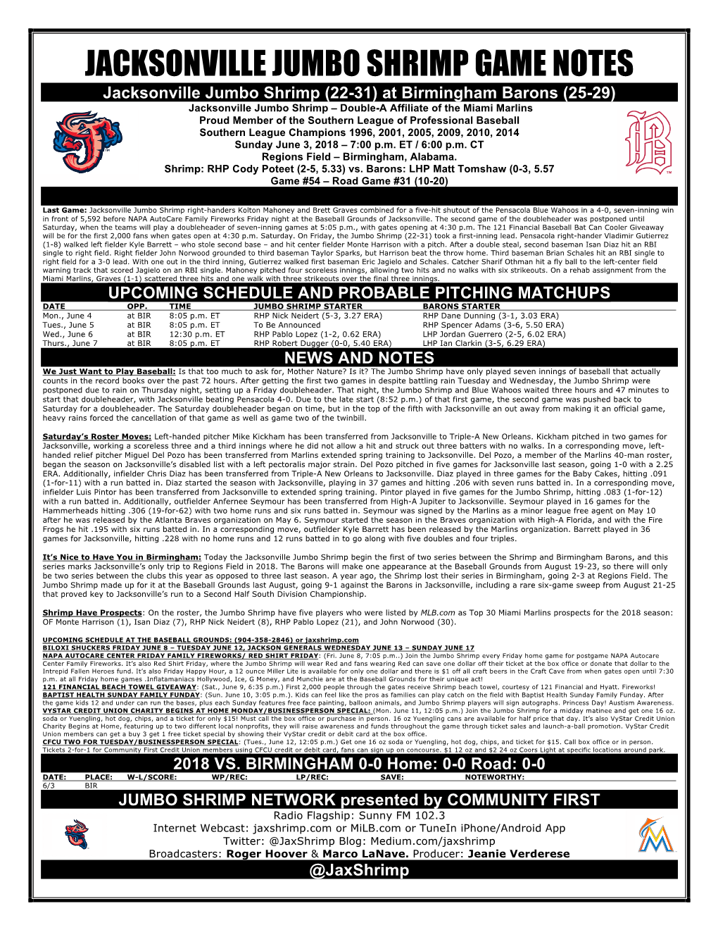 Jacksonville Jumbo Shrimp Game Notes