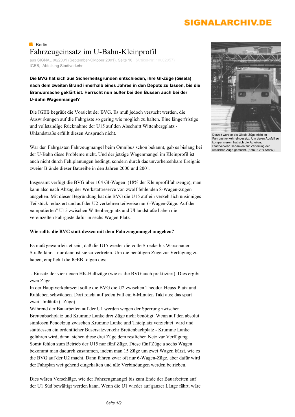 Fahrzeugeinsatz Im U-Bahn-Kleinprofil Aus SIGNAL 06/2001 (September-Oktober 2001), Seite 10 (Artikel-Nr: 10002057) IGEB, Abteilung Stadtverkehr