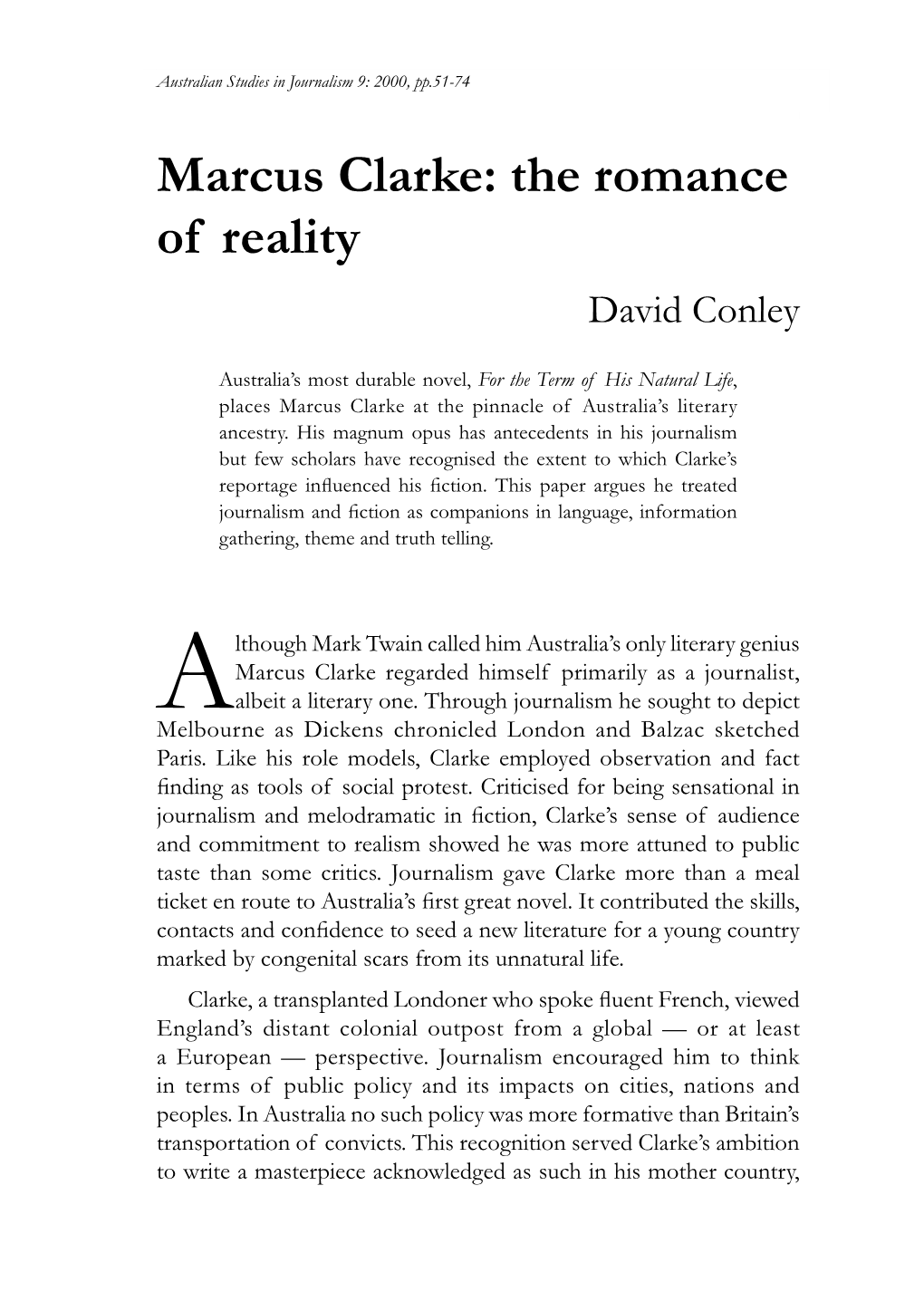 Marcus Clarke: the Romance of Reality David Conley