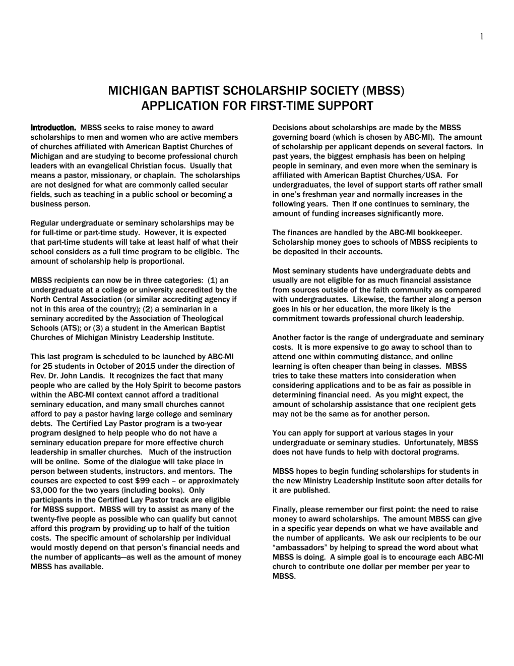 Michigan Baptist Scholarship Society (Mbss)