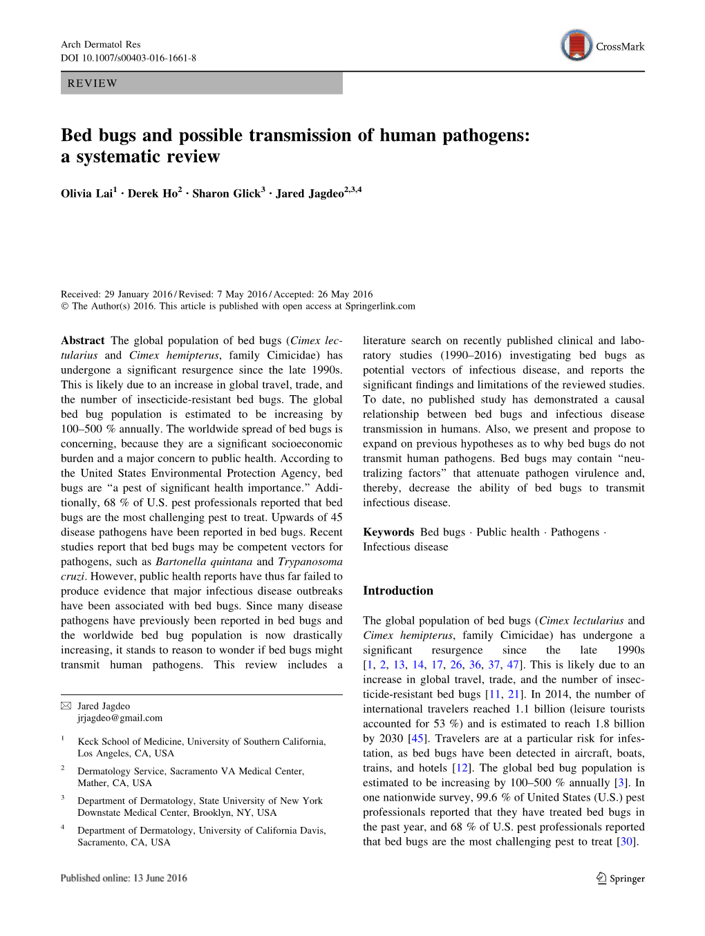 Bed Bugs and Possible Transmission of Human Pathogens: a Systematic Review