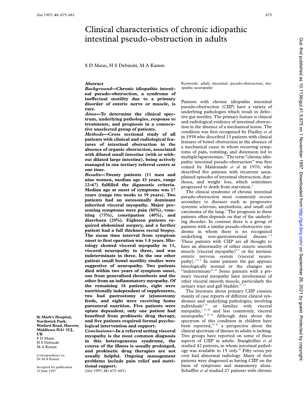 Clinical Characteristics of Chronic Idiopathic Intestinal Pseudo-Obstruction in Adults Gut: First Published As 10.1136/Gut.41.5.675 on 1 November 1997