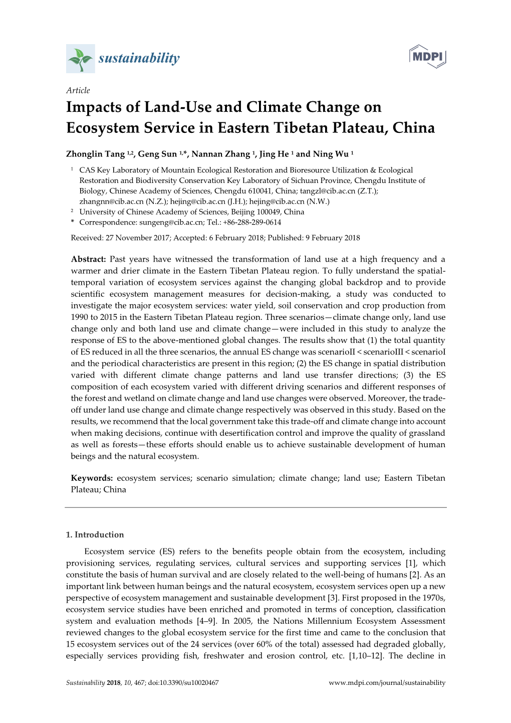 Article Impacts of Land-Use and Climate Change on Ecosystem Service in Eastern Tibetan Plateau, China