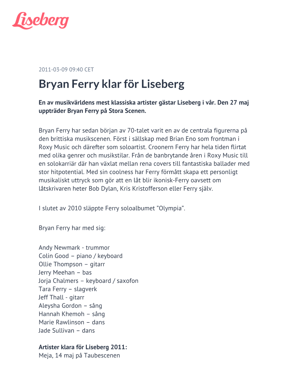 Bryan Ferry Klar För Liseberg