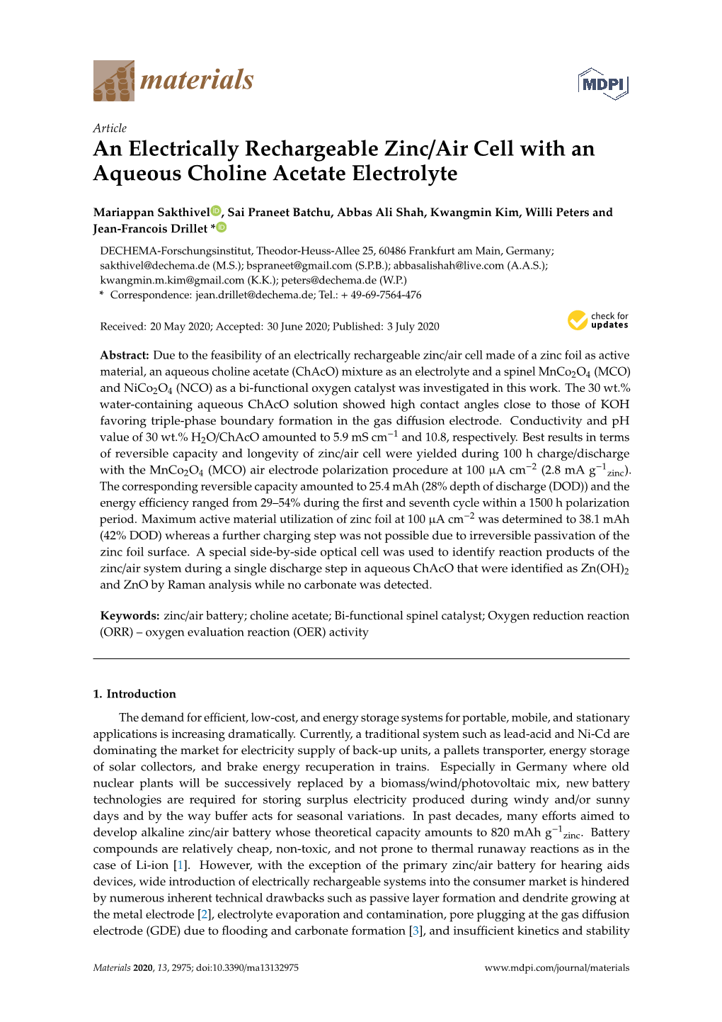 An Electrically Rechargeable Zinc/Air Cell with an Aqueous Choline Acetate Electrolyte